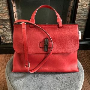 SOLD—-> Gucci Red Leather Medium Bamboo Daily Top Handle Bag